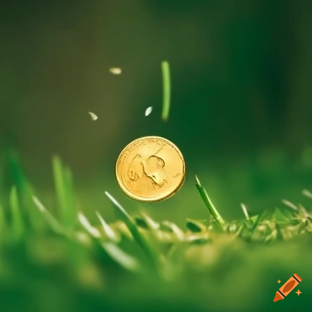 A golden coin falling on the grass